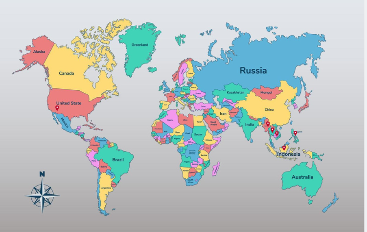 The world map with specific locators on Cambodia, Indonesia, Thailand, the Philippines, and the US