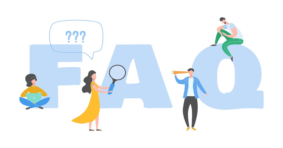 FAQs: two women and two men by and on the FAQ sign